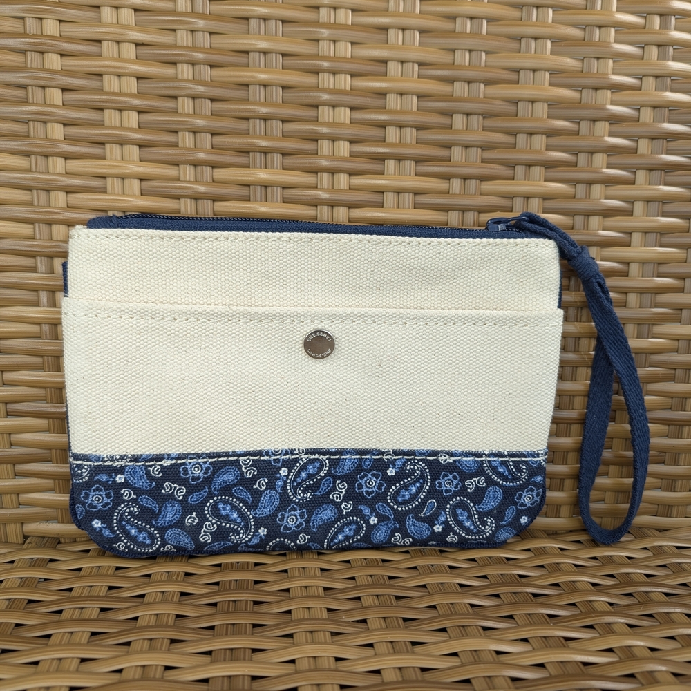 Lands' End Cream Canvas Zipper Pouch Wristlet Bag Blue Trim And Paisley Design